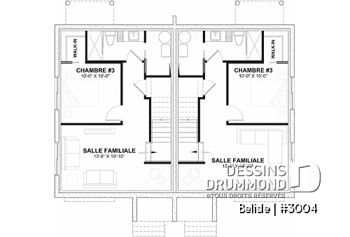 Sous-sol - Plan de maison jumelé, aménagé sur 3 étages, 3 chambres, 2.5 sdb par unité - Belisle
