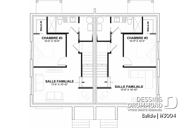 Sous-sol - Plan de maison jumelé, aménagé sur 3 étages, 3 chambres, 2.5 sdb par unité - Belisle