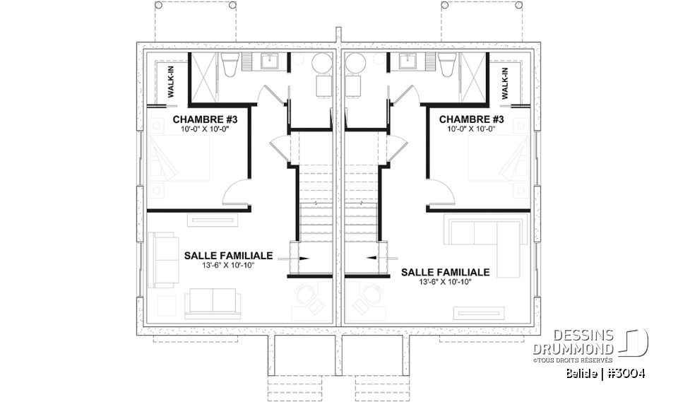 Sous-sol - Plan de maison jumelé, aménagé sur 3 étages, 3 chambres, 2.5 sdb par unité - Belisle