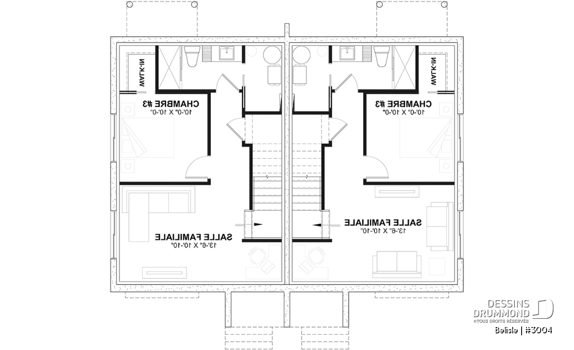 Sous-sol - Plan de maison jumelé, aménagé sur 3 étages, 3 chambres, 2.5 sdb par unité - Belisle