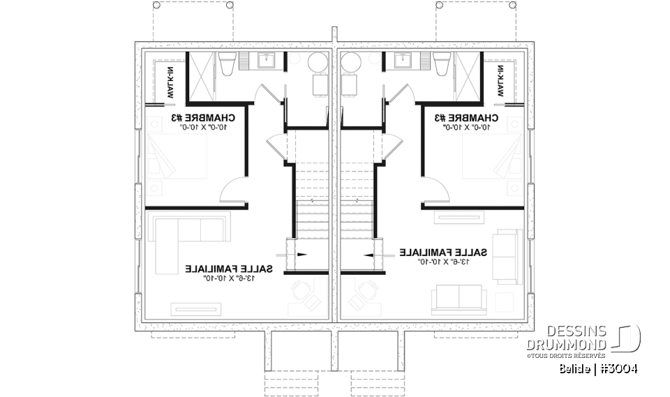Sous-sol - Plan de maison jumelé, aménagé sur 3 étages, 3 chambres, 2.5 sdb par unité - Belisle