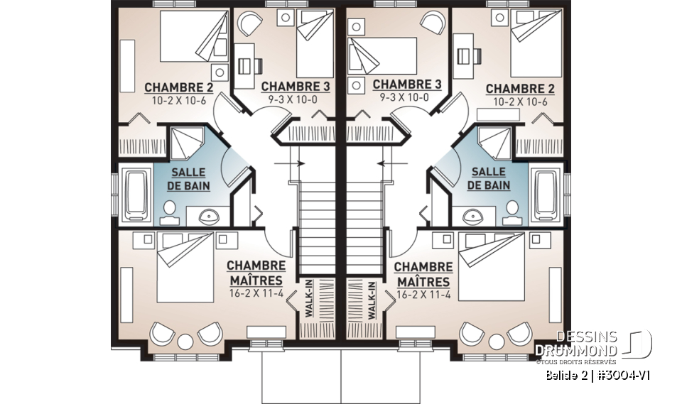 Étage - Plan de semi-détaché moderne à étage, 3 chambres, buanderie au rdc, grande chambre parents - Belisle 2
