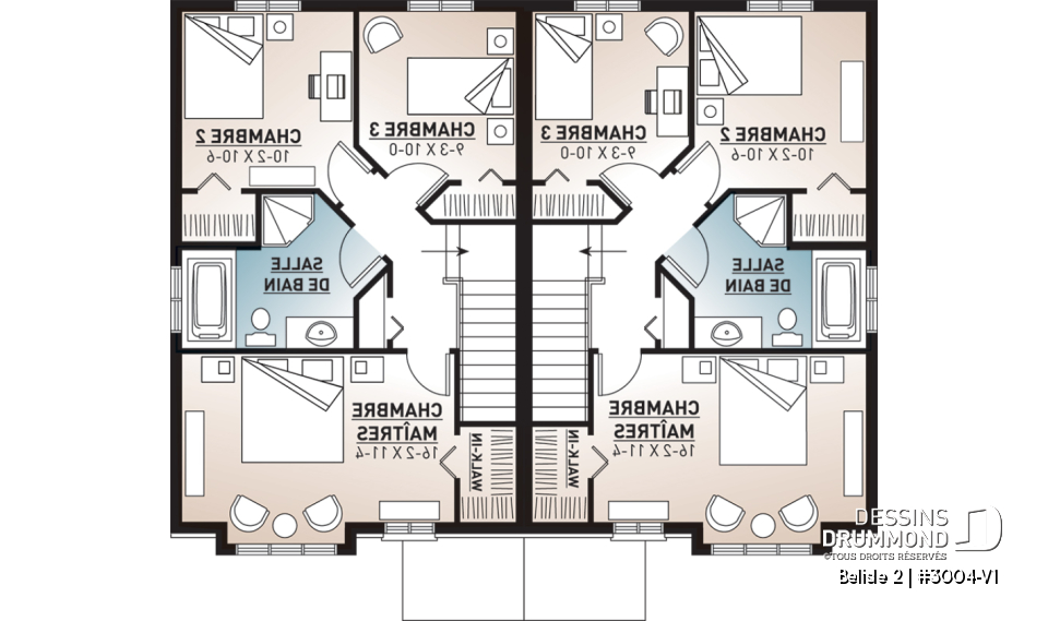 Étage - Plan de semi-détaché moderne à étage, 3 chambres, buanderie au rdc, grande chambre parents - Belisle 2