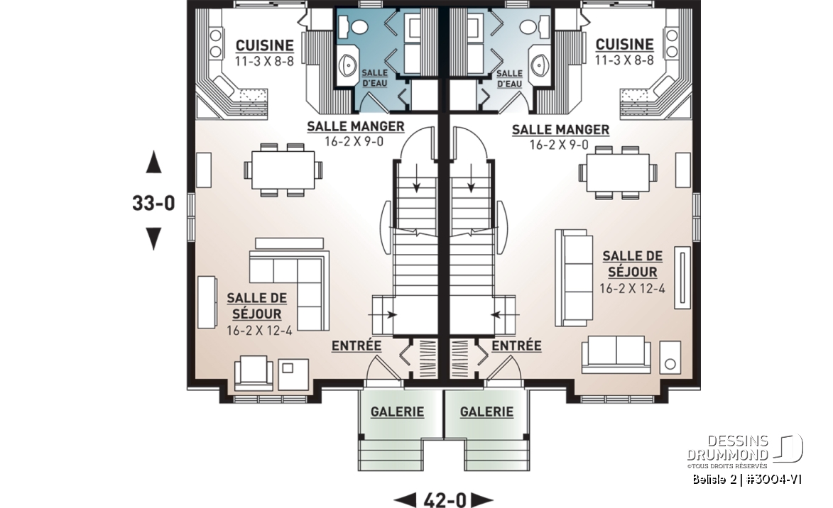 Rez-de-chaussée - Plan de semi-détaché moderne à étage, 3 chambres, buanderie au rdc, grande chambre parents - Belisle 2