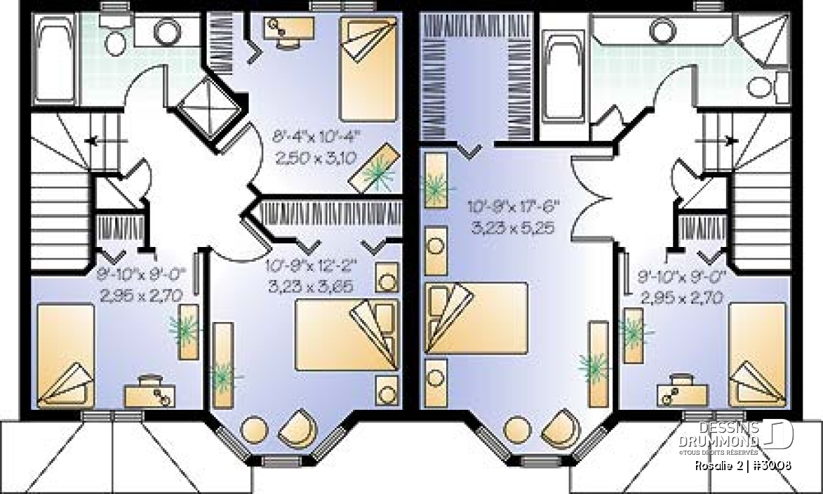 Étage - Plan de semi-détaché à étage, 2 à 3 chambres, 2 s. de bain, style victorien, belle fenestration, garde-manger - Rosalie 2