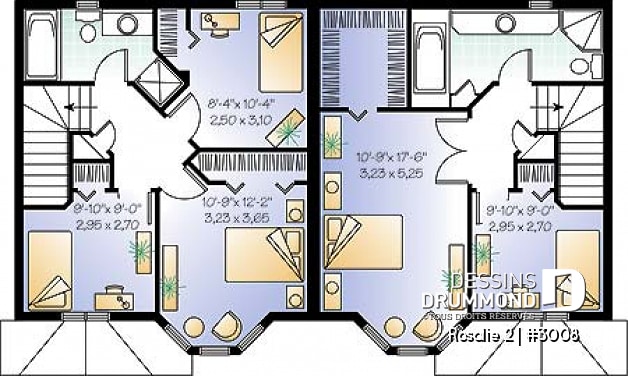 Étage - Plan de semi-détaché à étage, 2 à 3 chambres, 2 s. de bain, style victorien, belle fenestration, garde-manger - Rosalie 2