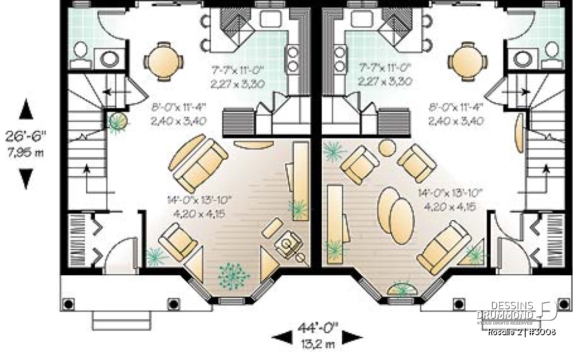 Rez-de-chaussée - Plan de semi-détaché à étage, 2 à 3 chambres, 2 s. de bain, style victorien, belle fenestration, garde-manger - Rosalie 2