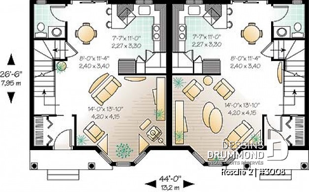 Rez-de-chaussée - Plan de semi-détaché à étage, 2 à 3 chambres, 2 s. de bain, style victorien, belle fenestration, garde-manger - Rosalie 2