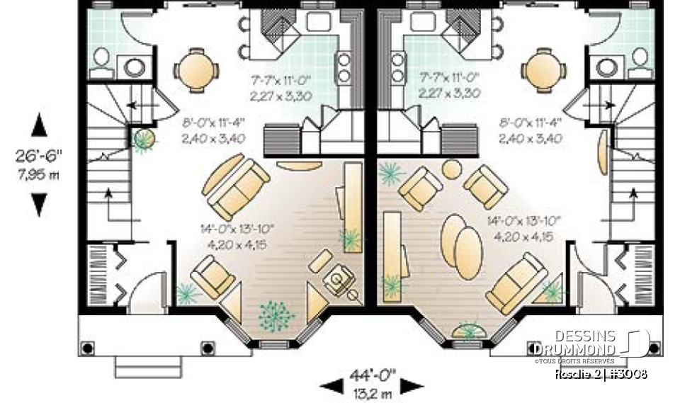 Rez-de-chaussée - Plan de semi-détaché à étage, 2 à 3 chambres, 2 s. de bain, style victorien, belle fenestration, garde-manger - Rosalie 2