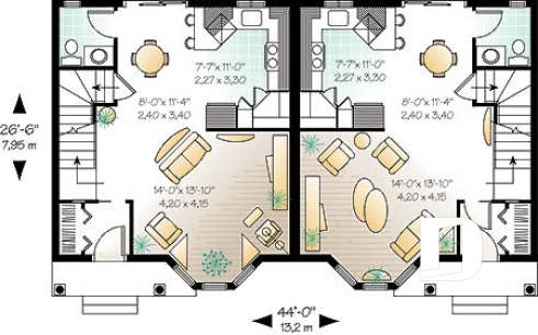 Rez-de-chaussée - Plan de semi-détaché à étage, 2 à 3 chambres, 2 s. de bain, style victorien, belle fenestration, garde-manger - Rosalie 2