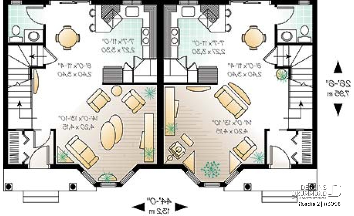 Rez-de-chaussée - Plan de semi-détaché à étage, 2 à 3 chambres, 2 s. de bain, style victorien, belle fenestration, garde-manger - Rosalie 2