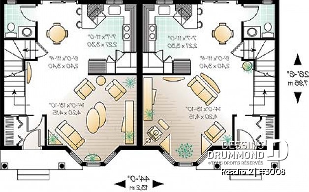 Rez-de-chaussée - Plan de semi-détaché à étage, 2 à 3 chambres, 2 s. de bain, style victorien, belle fenestration, garde-manger - Rosalie 2