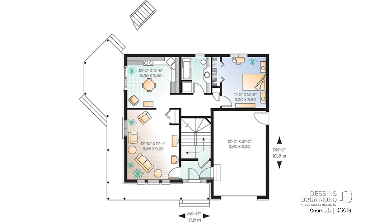 Rez-de-chaussée - Plan de maison bi-génération avec garage, unité famille à l'étage avec 3 chambres, superbe galerie - Courcelle