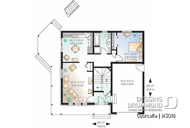 Rez-de-chaussée - Plan de maison bi-génération avec garage, unité famille à l'étage avec 3 chambres, superbe galerie - Courcelle