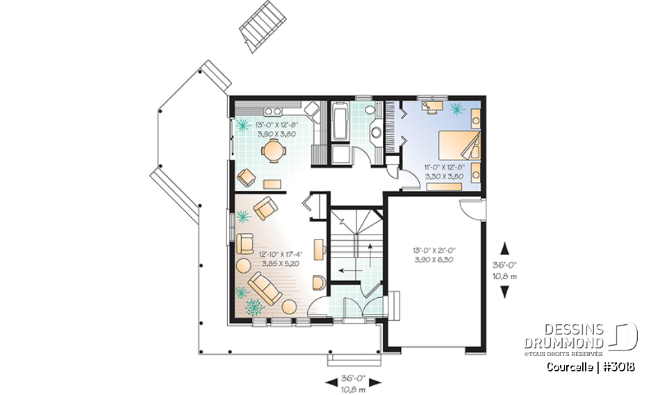 Rez-de-chaussée - Plan de maison bi-génération avec garage, unité famille à l'étage avec 3 chambres, superbe galerie - Courcelle