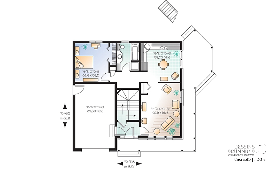 Rez-de-chaussée - Plan de maison bi-génération avec garage, unité famille à l'étage avec 3 chambres, superbe galerie - Courcelle