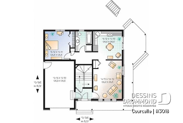Rez-de-chaussée - Plan de maison bi-génération avec garage, unité famille à l'étage avec 3 chambres, superbe galerie - Courcelle
