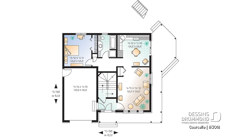 Rez-de-chaussée - Plan de maison bi-génération avec garage, unité famille à l'étage avec 3 chambres, superbe galerie - Courcelle