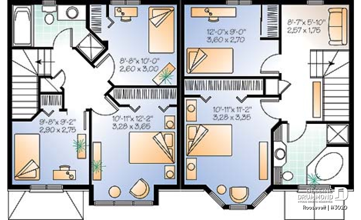 Étage - Plan de jumelé 2 à 3 chambres, vestibule fermé, garde-manger, aire ouverte, salle d'eau au rez-de-chaussée - Roosevelt