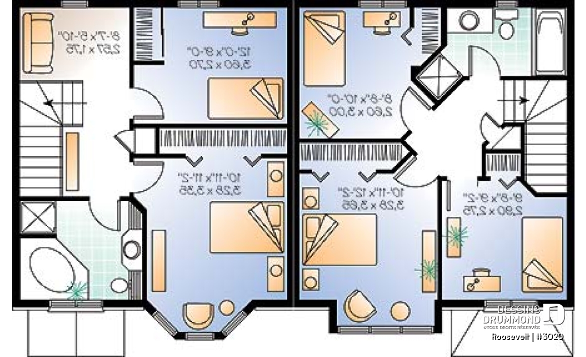 Étage - Plan de jumelé 2 à 3 chambres, vestibule fermé, garde-manger, aire ouverte, salle d'eau au rez-de-chaussée - Roosevelt