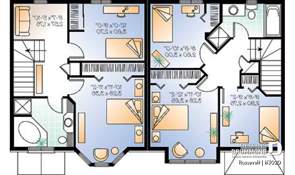 Étage - Plan de jumelé 2 à 3 chambres, vestibule fermé, garde-manger, aire ouverte, salle d'eau au rez-de-chaussée - Roosevelt