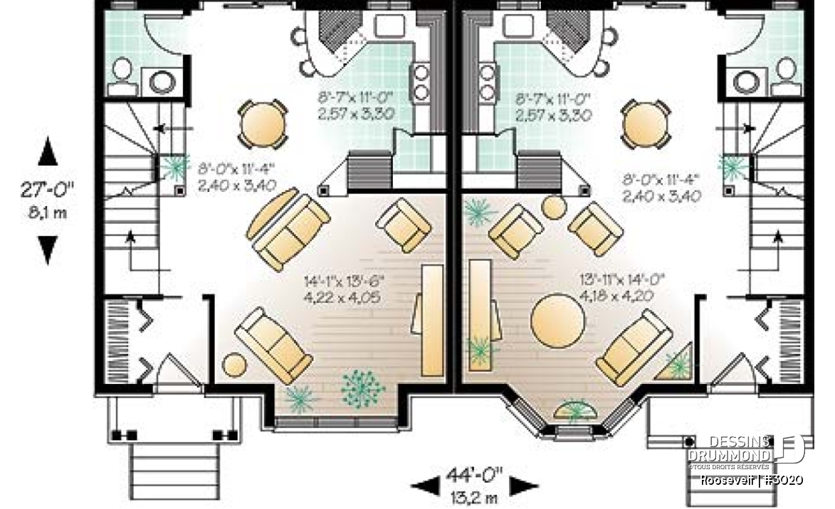 Rez-de-chaussée - Plan de jumelé 2 à 3 chambres, vestibule fermé, garde-manger, aire ouverte, salle d'eau au rez-de-chaussée - Roosevelt
