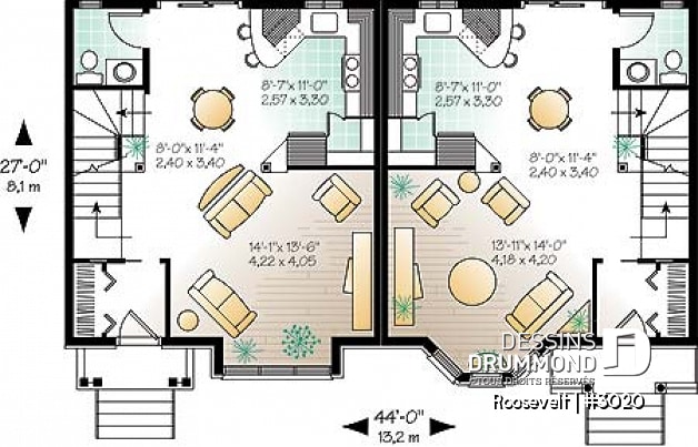 Rez-de-chaussée - Plan de jumelé 2 à 3 chambres, vestibule fermé, garde-manger, aire ouverte, salle d'eau au rez-de-chaussée - Roosevelt