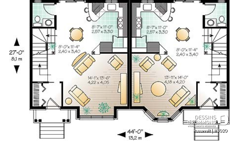 Rez-de-chaussée - Plan de jumelé 2 à 3 chambres, vestibule fermé, garde-manger, aire ouverte, salle d'eau au rez-de-chaussée - Roosevelt