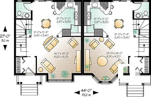 Rez-de-chaussée - Plan de jumelé 2 à 3 chambres, vestibule fermé, garde-manger, aire ouverte, salle d'eau au rez-de-chaussée - Roosevelt