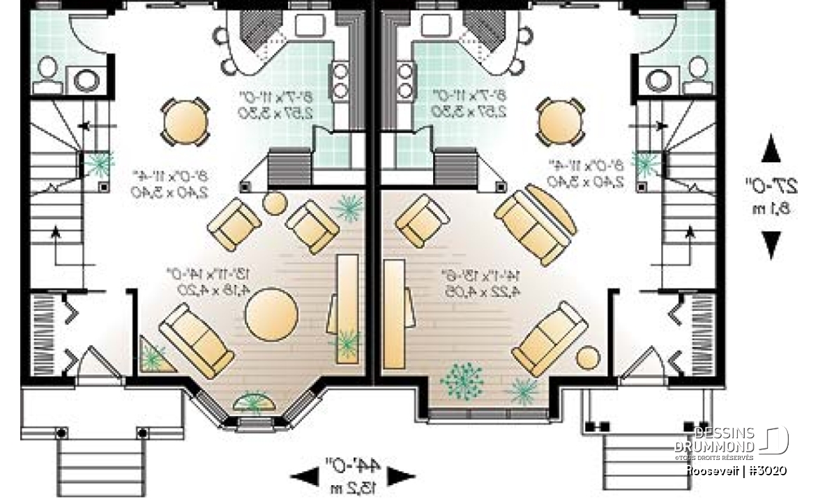 Rez-de-chaussée - Plan de jumelé 2 à 3 chambres, vestibule fermé, garde-manger, aire ouverte, salle d'eau au rez-de-chaussée - Roosevelt