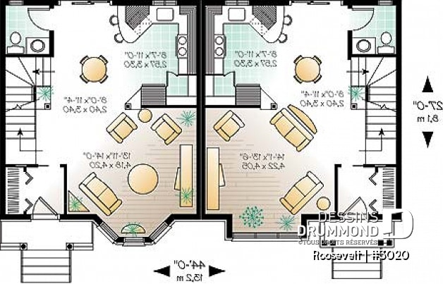 Rez-de-chaussée - Plan de jumelé 2 à 3 chambres, vestibule fermé, garde-manger, aire ouverte, salle d'eau au rez-de-chaussée - Roosevelt