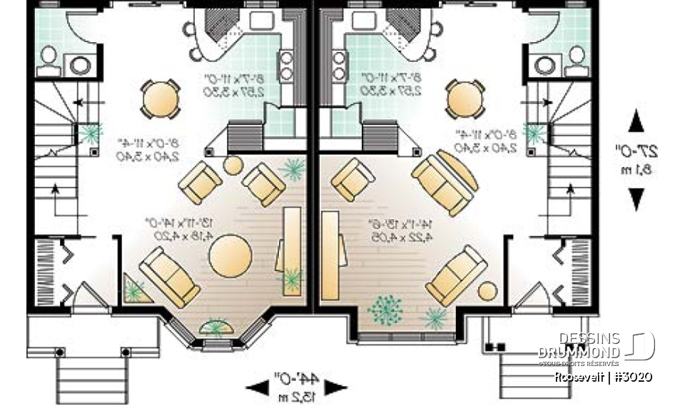 Rez-de-chaussée - Plan de jumelé 2 à 3 chambres, vestibule fermé, garde-manger, aire ouverte, salle d'eau au rez-de-chaussée - Roosevelt
