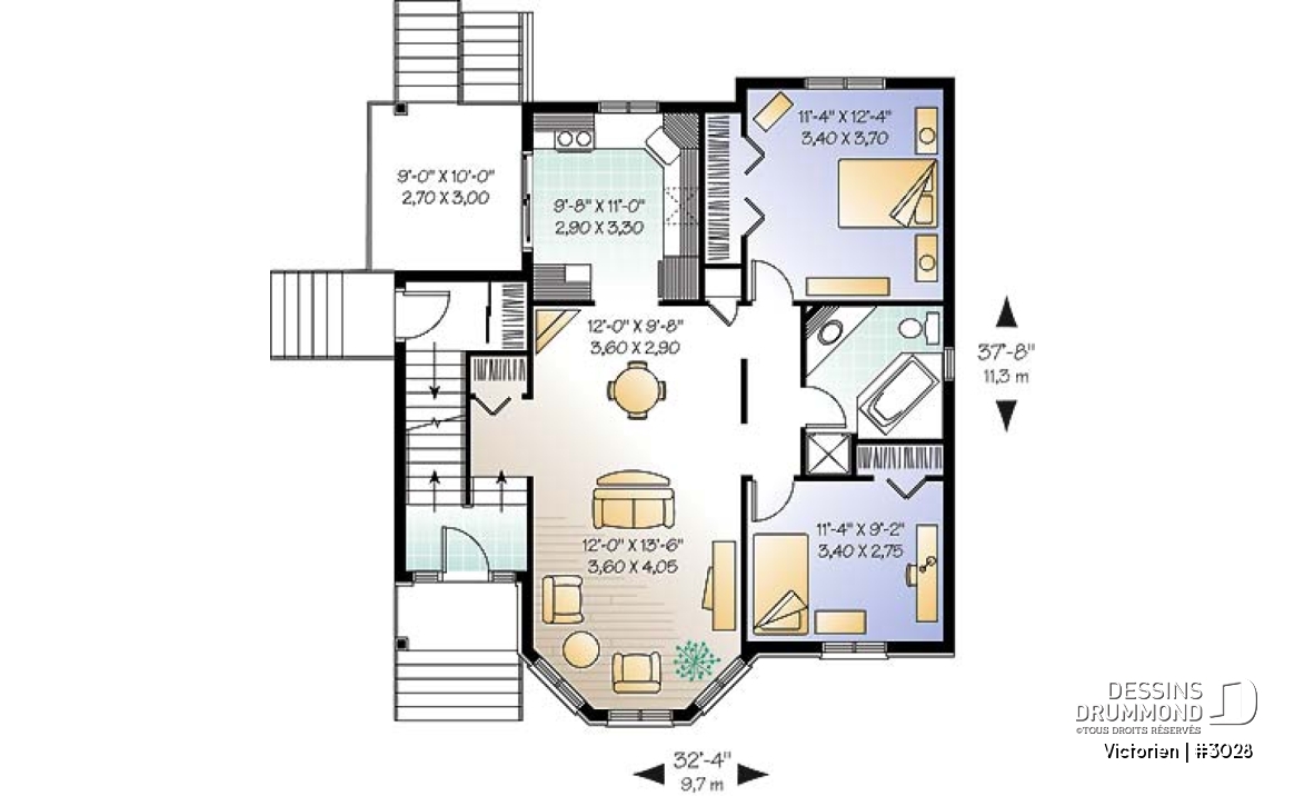 Rez-de-chaussée - Plan de duplex, 2 chambres par unité, belle fenestration, balcon arrière, grande cuisine avec porte patio - Victorien