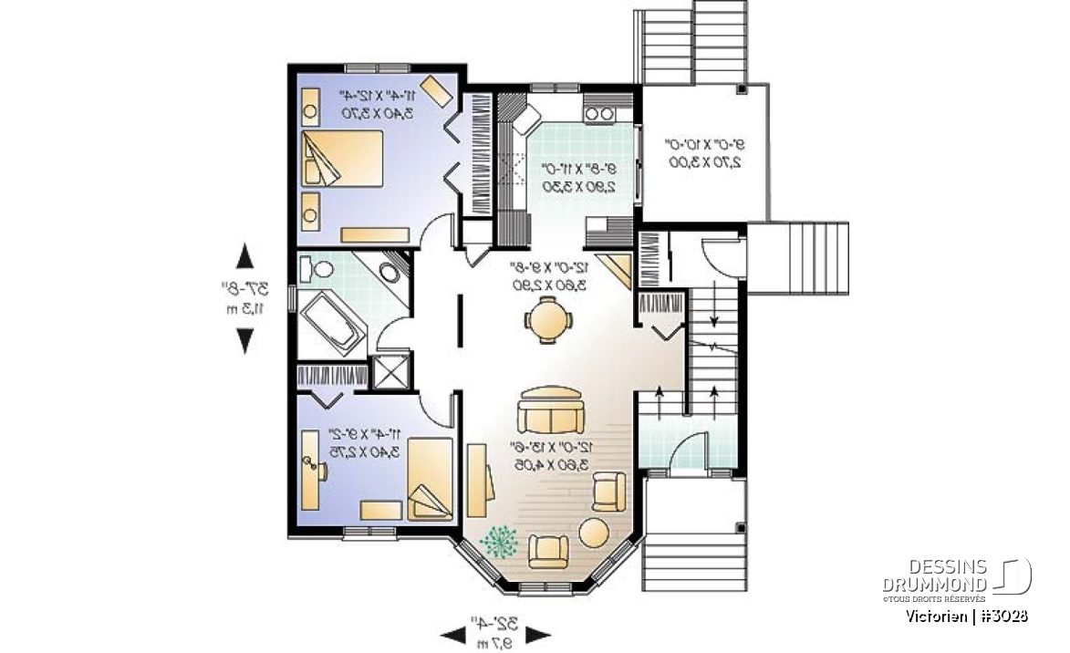 Rez-de-chaussée - Plan de duplex, 2 chambres par unité, belle fenestration, balcon arrière, grande cuisine avec porte patio - Victorien