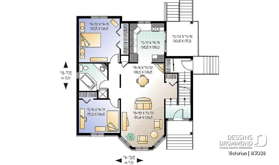Rez-de-chaussée - Plan de duplex, 2 chambres par unité, belle fenestration, balcon arrière, grande cuisine avec porte patio - Victorien