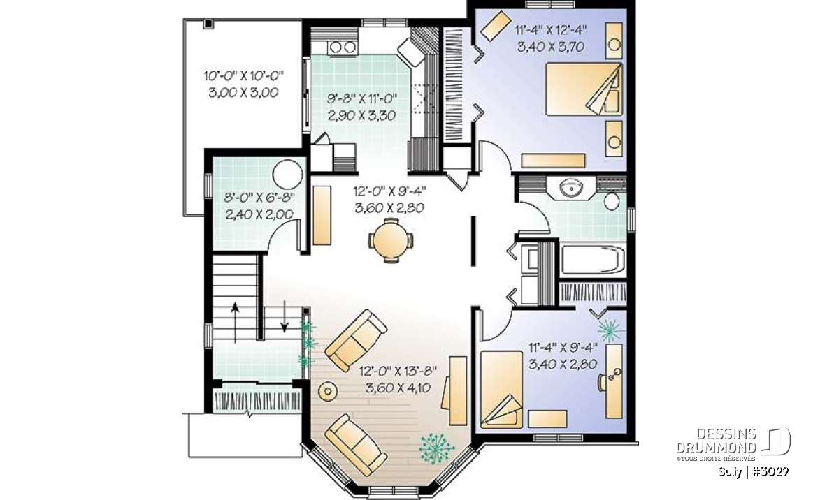 Étage - Plan de triplex, 2 chambres, 1 salle de bain et une buanderie par unité, balcon arrière abrité - Sully