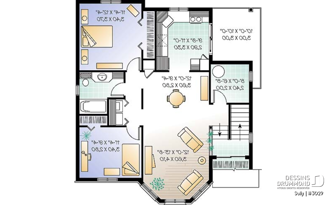 Étage - Plan de triplex, 2 chambres, 1 salle de bain et une buanderie par unité, balcon arrière abrité - Sully