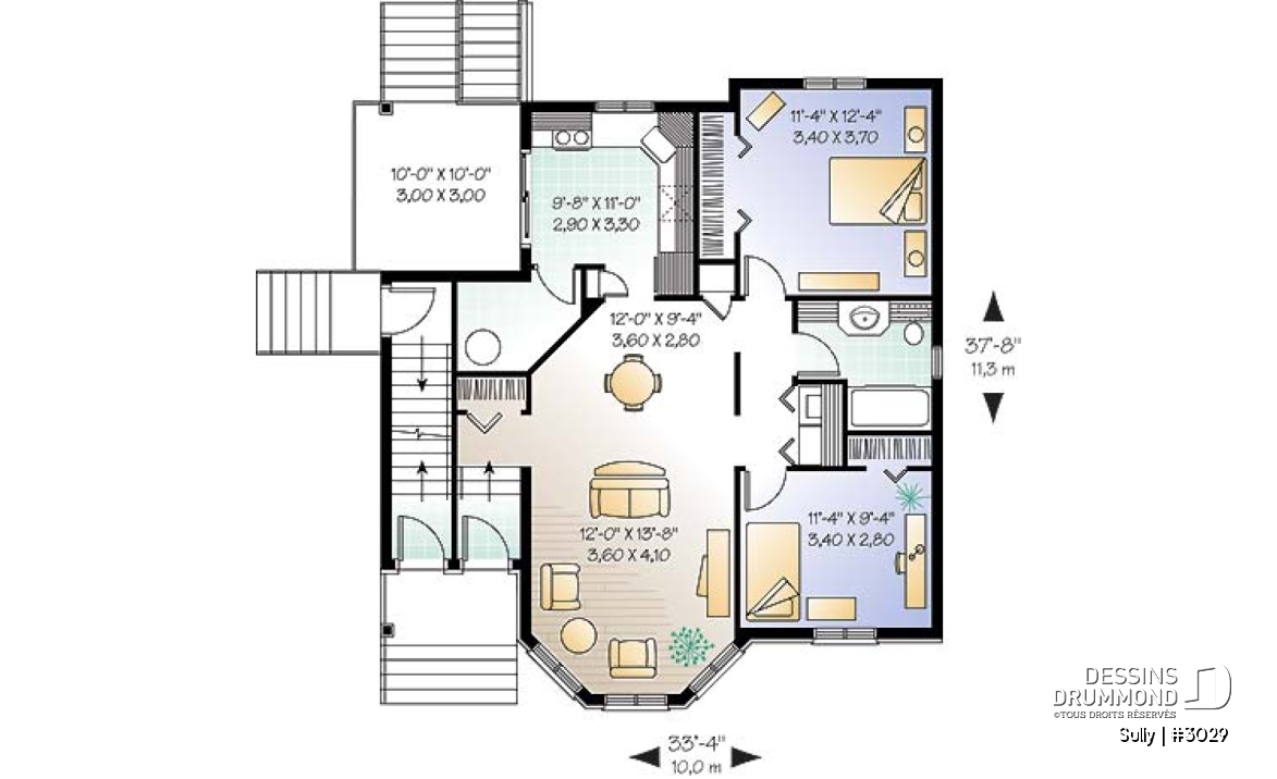 Rez-de-chaussée - Plan de triplex, 2 chambres, 1 salle de bain et une buanderie par unité, balcon arrière abrité - Sully