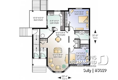 Rez-de-chaussée - Plan de triplex, 2 chambres, 1 salle de bain et une buanderie par unité, balcon arrière abrité - Sully