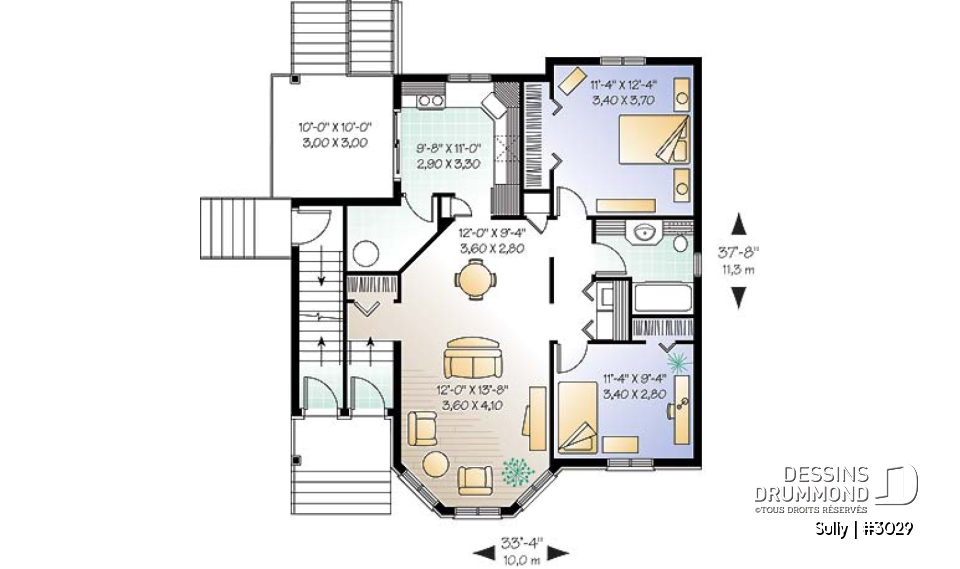 Rez-de-chaussée - Plan de triplex, 2 chambres, 1 salle de bain et une buanderie par unité, balcon arrière abrité - Sully