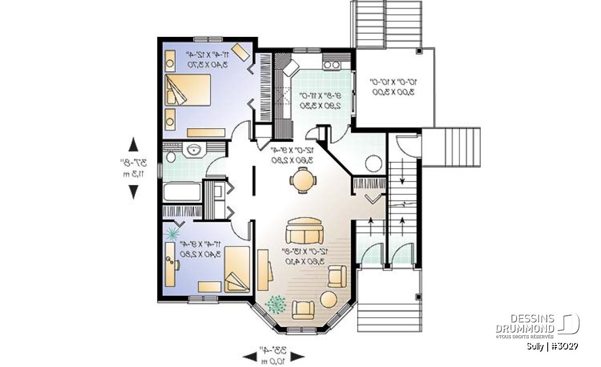 Rez-de-chaussée - Plan de triplex, 2 chambres, 1 salle de bain et une buanderie par unité, balcon arrière abrité - Sully