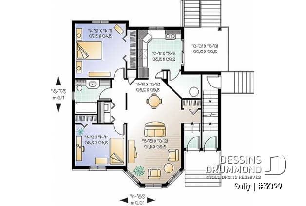 Rez-de-chaussée - Plan de triplex, 2 chambres, 1 salle de bain et une buanderie par unité, balcon arrière abrité - Sully