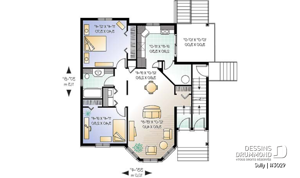 Rez-de-chaussée - Plan de triplex, 2 chambres, 1 salle de bain et une buanderie par unité, balcon arrière abrité - Sully
