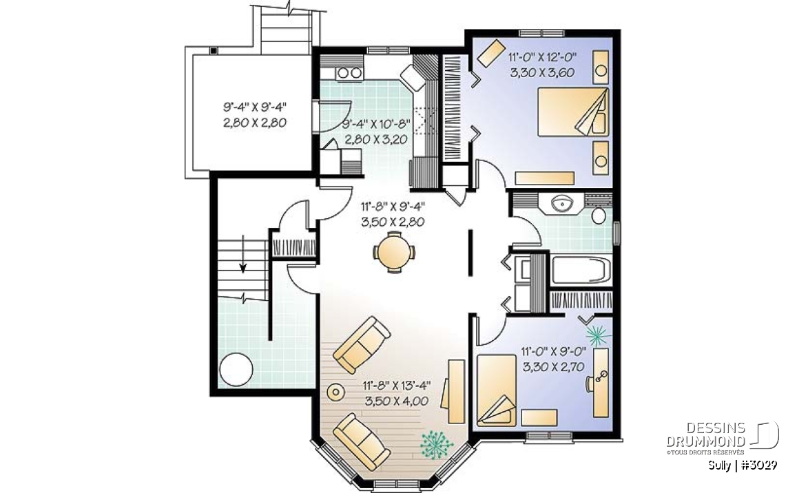Sous-sol - Plan de triplex, 2 chambres, 1 salle de bain et une buanderie par unité, balcon arrière abrité - Sully