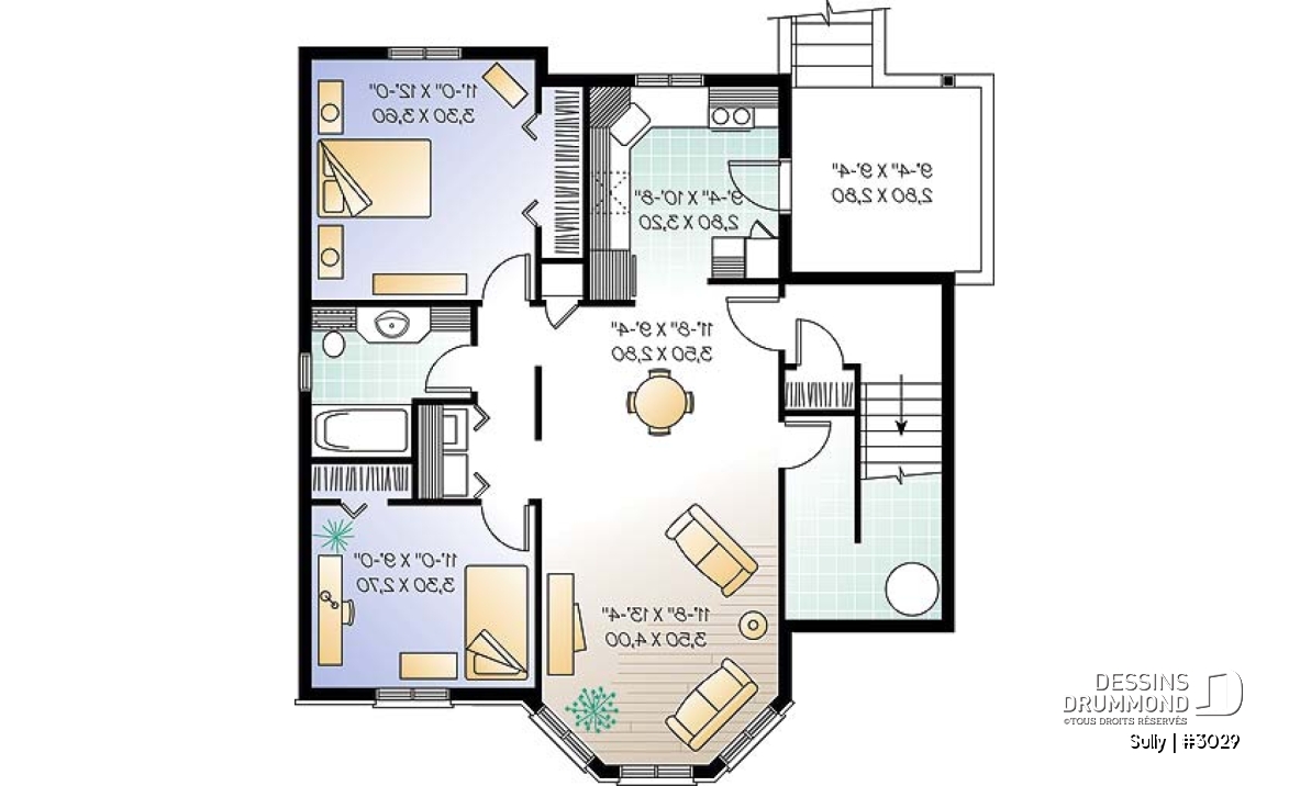 Sous-sol - Plan de triplex, 2 chambres, 1 salle de bain et une buanderie par unité, balcon arrière abrité - Sully