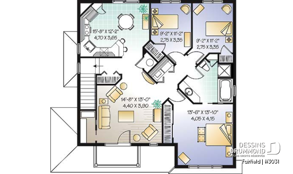 Étage - Plan de duplex 5 et demi (5 1/2) de style Européen offrant 3 chambres et buanderie par unité. - Fairfield