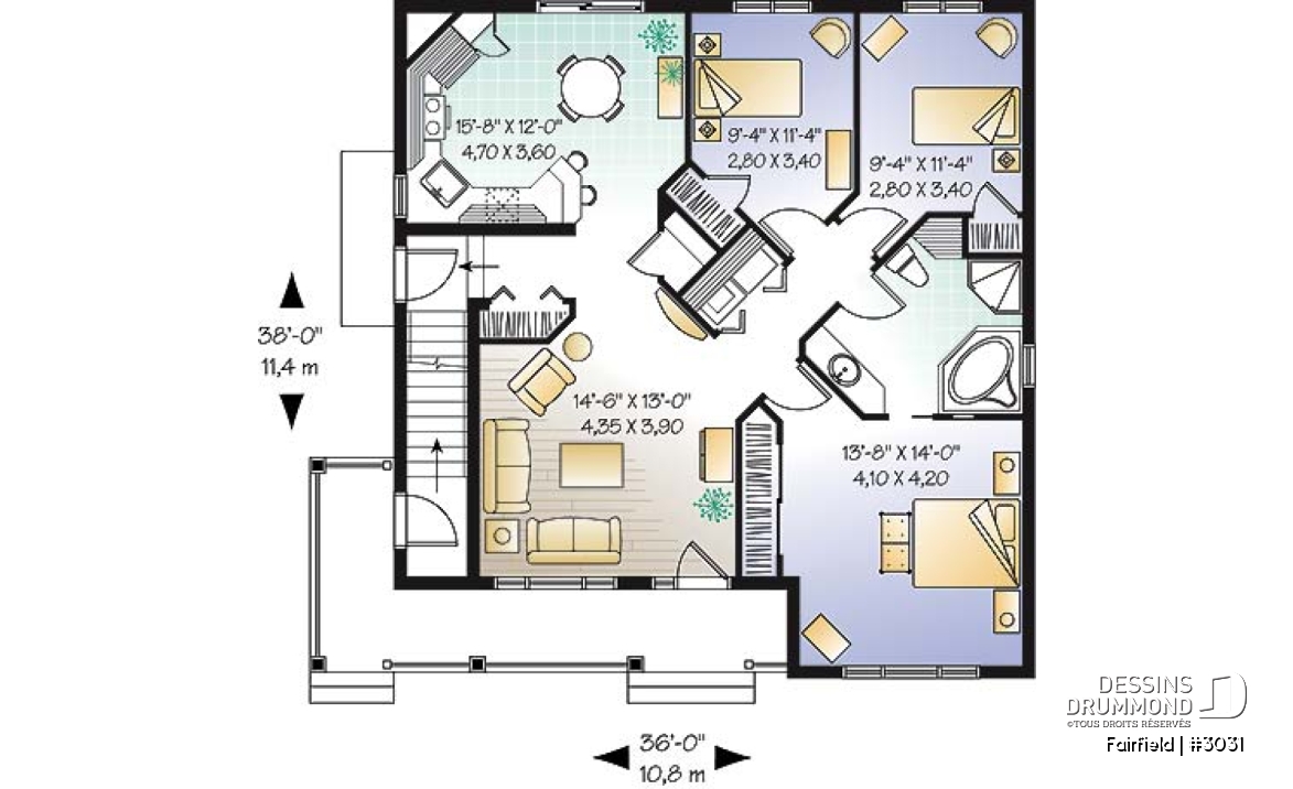 Rez-de-chaussée - Plan de duplex 5 et demi (5 1/2) de style Européen offrant 3 chambres et buanderie par unité. - Fairfield