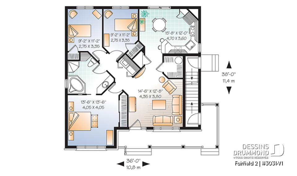 Rez-de-chaussée - Plan de triplex 5 1/2 de style américain, 3 chambres par unité, intérieur attrayant, buanderie, gallerie - Fairfield 2