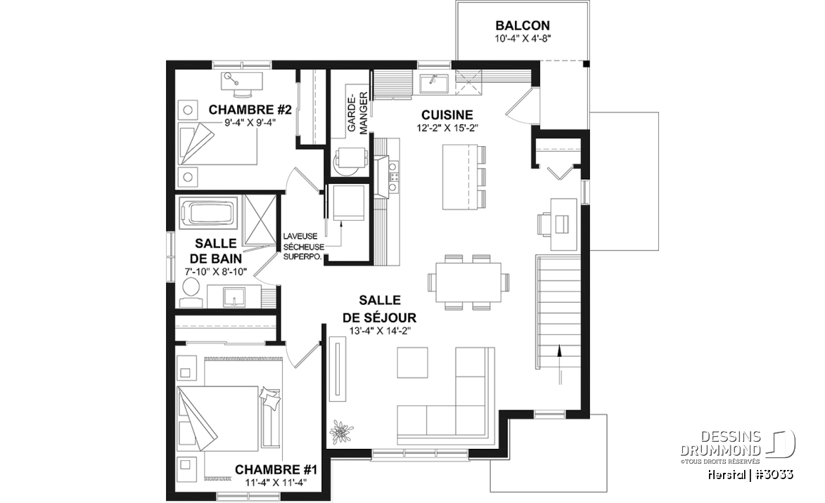 Étage - Plan de triplex, 2 chambres, 1 salle de bain, terrasse, aire ouverte et garde-manger à chaque logement - Herstal
