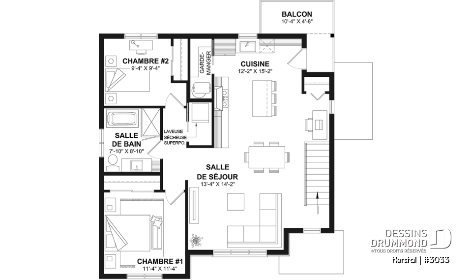 Étage - Plan de triplex, 2 chambres, 1 salle de bain, terrasse, aire ouverte et garde-manger à chaque logement - Herstal